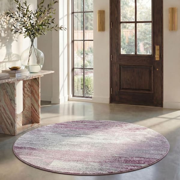 Adirondack 4 ft. x 4 ft. Round Gray/Purple Solid Color Distressed Area Rug