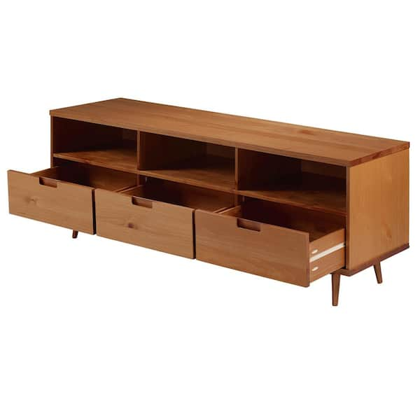 Welwick Designs 58 in. Caramel Solid Wood TV Stand Fits TVs Up to 65 in. with Cutout Cabinet Handles