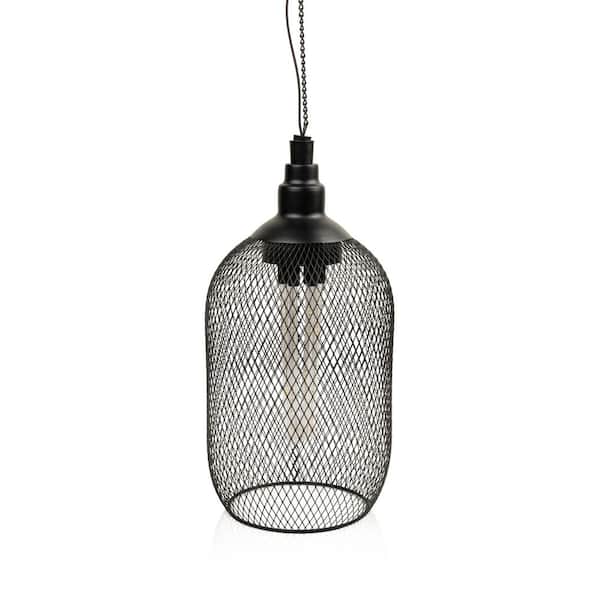 12 in. Tall 24-Light Black Hanging Solar Powered LED Outdoor Mesh Lantern Pendant