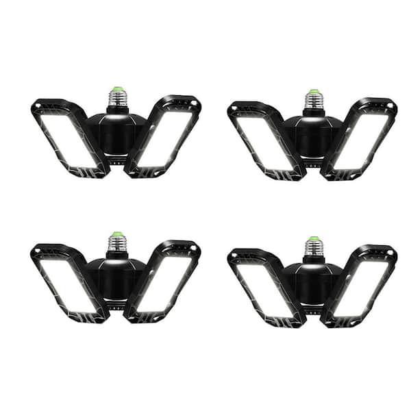80-Watt Black Deformable LED Adjustable Garage Light Semi-Flush Mount Lighting, 4-Leaf 6000K Daylight White (4-Pack)
