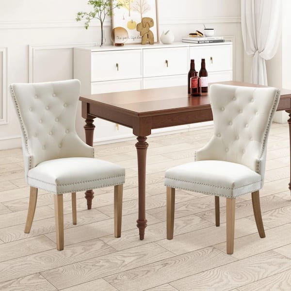 Troyes Tufted Wingback Upholstered Dining Chairs with Nailhead Trim and Wooden Legs in Light Beige (Set of 2)