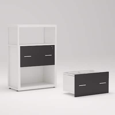 Black and White File Cabinet with Lockable File Drawers and Open Storage Shelf