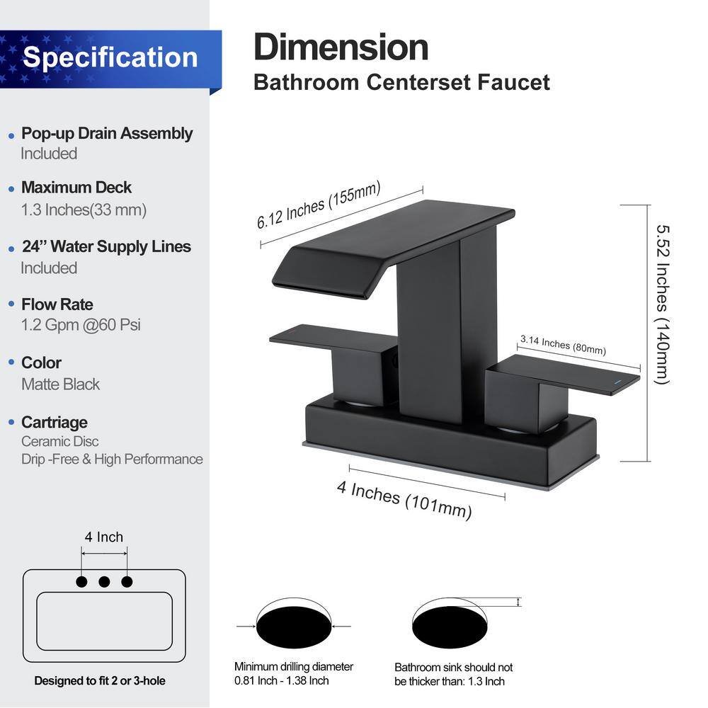 Matte Black Stainless Steel 2-Handle Bathroom Faucet with Drain Assembly