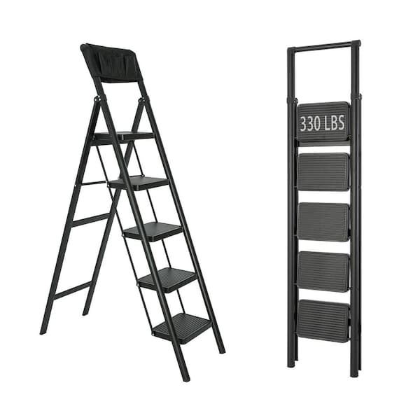 5 ft. Reach 5-Step Iron Foldable Ladder with Tool Bag Load-Bearing 330 lbs. for Home Office Indoor and Outdoor in Black