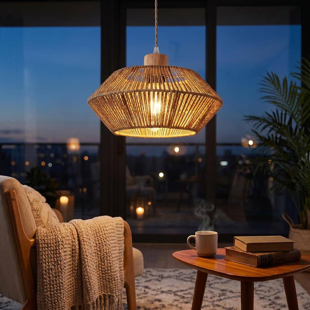 ETONIMERR Aura 1-Light Brown Rattan Pendant Light with Woven Shade