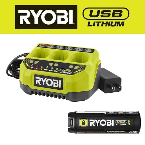 RYOBI USB Lithium 3-Port Charger with USB Lithium 2.0 Ah Lithium Rechargeable Battery