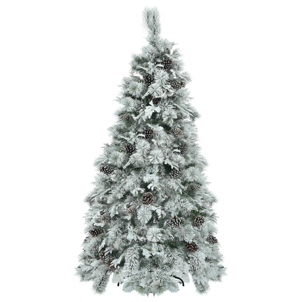 6 ft. White Prelit Artificial Christmas Tree with Pine Cones, 403 Branch Tips and 250 Multi-Color LED Lights