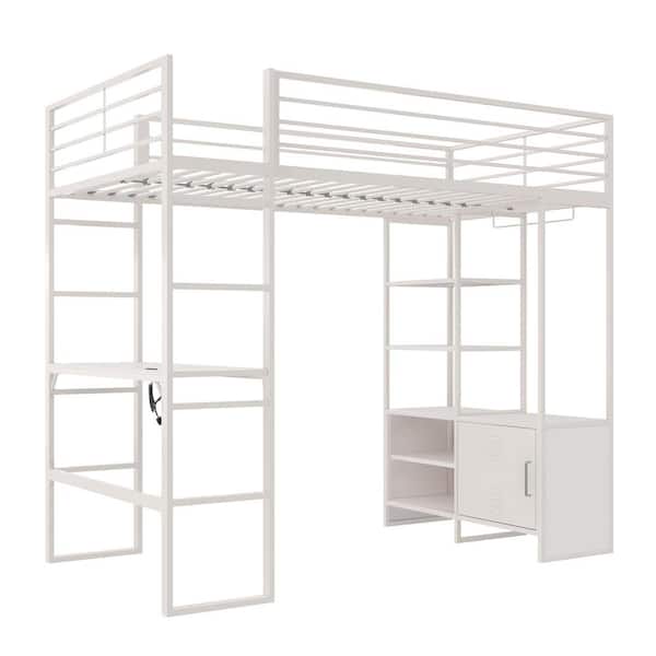 DHP DHP Lyon Twin Loft Bed with Desk and Storage, off White