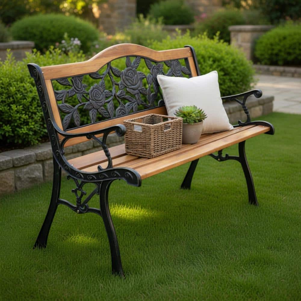 Cast Iron Frame Outdoor Bench With Natural Wood Seat Rust Resistant Weather Ready Patio Seating price history on PriceWatchPro