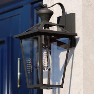 Derby 1-Light Matte Black Motion Sensor Dusk to Dawn Outdoor Hardwired Wall Lantern Clear Glass Shade, LED Compatible