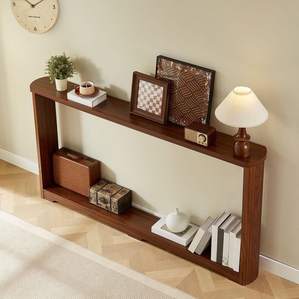 70 in. Narrow Rectangle Walnut MDF Console Table with Corrugated Texture-Entryway, Hallway & Behind Sofa Storage Table