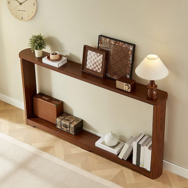70 in. Narrow Rectangle Walnut MDF Console Table with Corrugated Texture-Entryway, Hallway and Behind Sofa Storage Table
