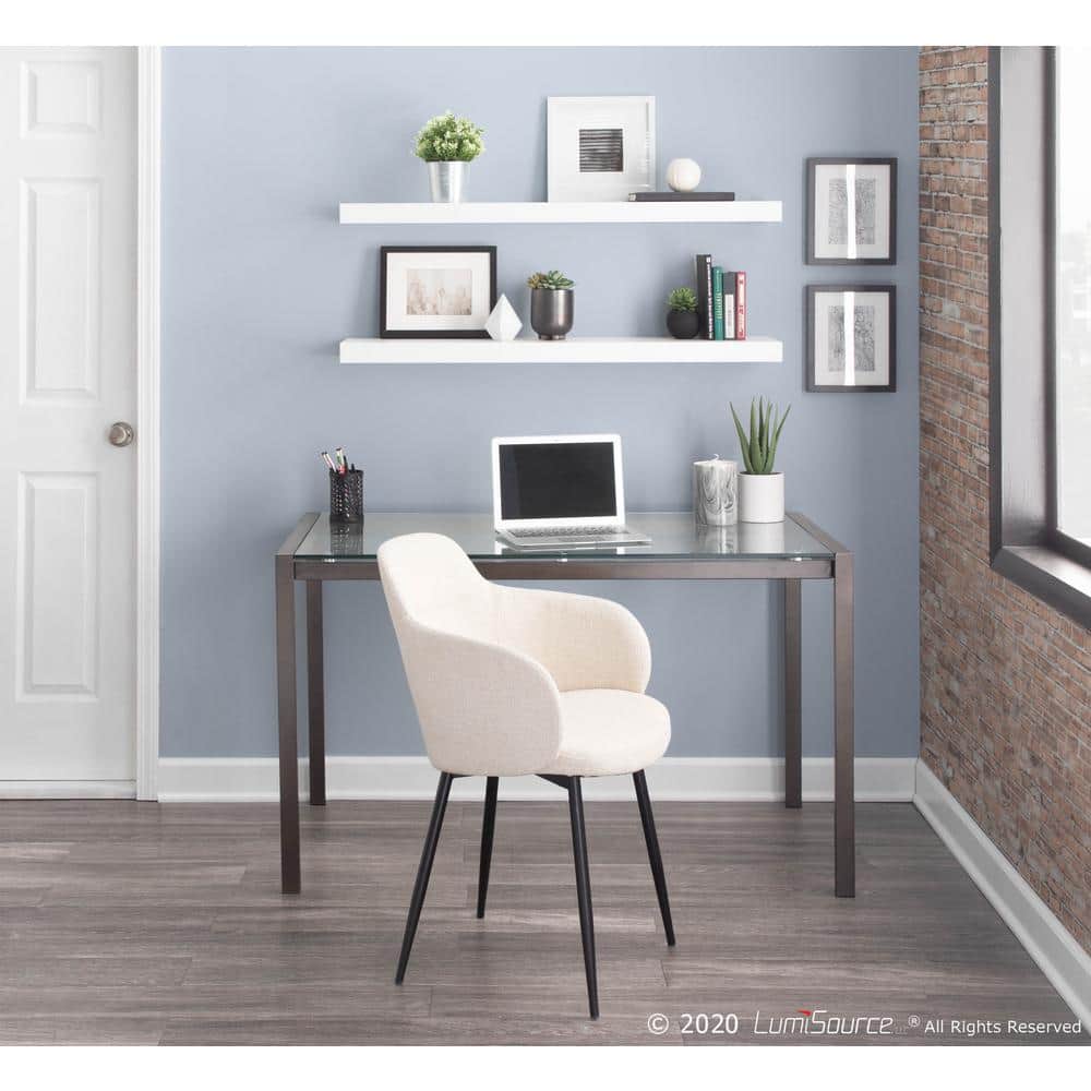 High-Back Cream Upholstered Arm Chair with Black Metal and Cane Accents