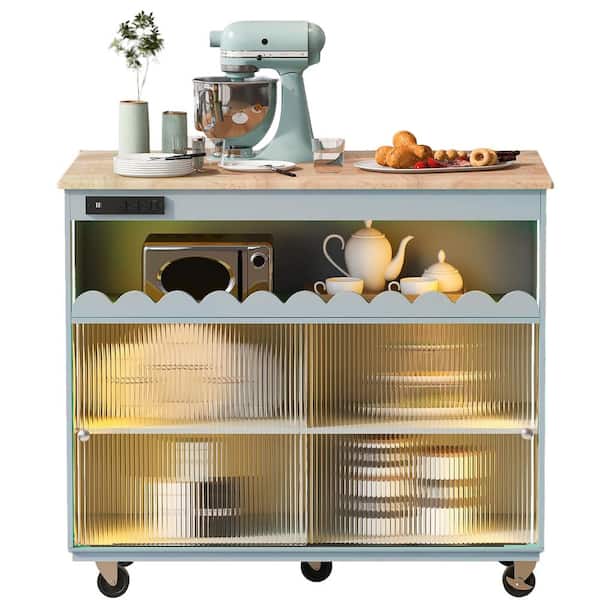 Unbranded Grey Wood 44 in. Kitchen Island with Drop Leaf LED Light Wheels Large Kitchen Island Cart with 2 Cabinet 1 open Shelf