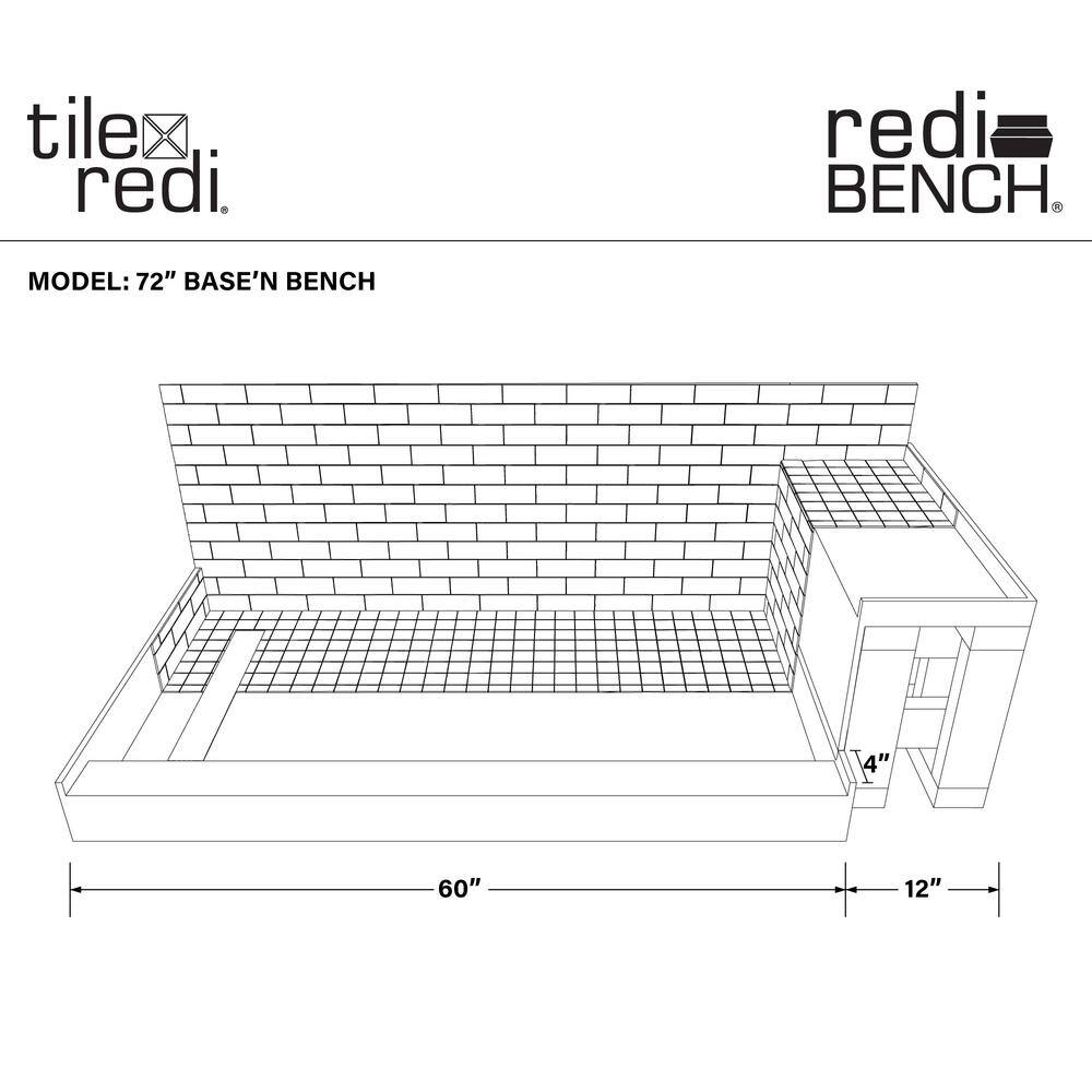 Tileable 72"x48" Left Drain Alcove Shower Base with Integrated Bench