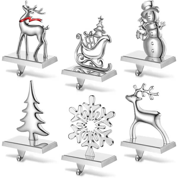 6-Piece Silver Christmas Stocking Holders with Snowflake Tree Santa Reindeer Design, Include Towel Rack, Hooks for Xmas
