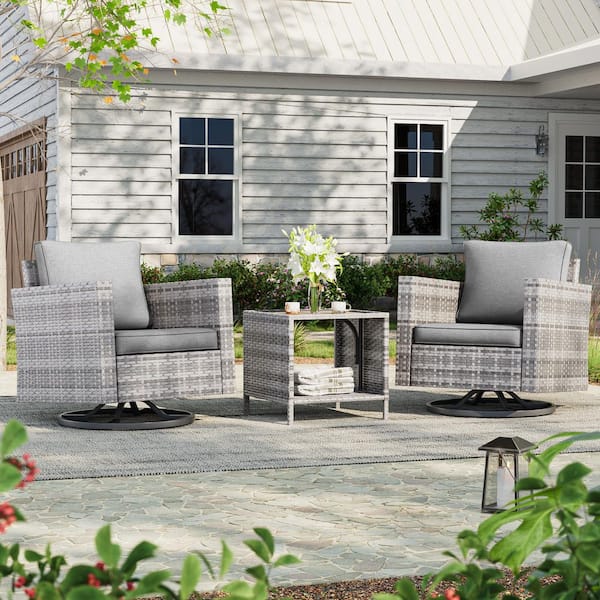 3-Piece Gray Wicker Outdoor Swivel Rocking Chairs Patio Bistro Set with Side Table Gray Cushion