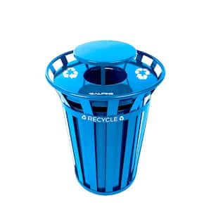 38 Gal. Outdoor Metal Slatted Commercial Recycling Bin Receptacle with Rain Bonnet Lid, Blue