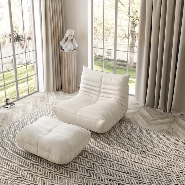 J&E Home Teddy Velvet Bean Bag Lazy Sofa Recliner with Ottoman in Beige ...