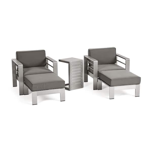 Noble House Cape Coral Silver 5-Piece Aluminum Patio Conversation Set with Khaki Cushions