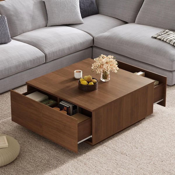 33.25 in. Walnut Square Classic Wood Grain Coffee Table with 4-Drawers
