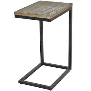 18 in. Brown Distressed C-Shaped Large Rectangle Wood End Table with Black Metal Base