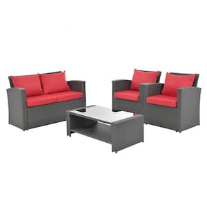 4-Piece Dark Gray Wicker Patio Conversation Set with Red Cushions and Tempered Glass Table