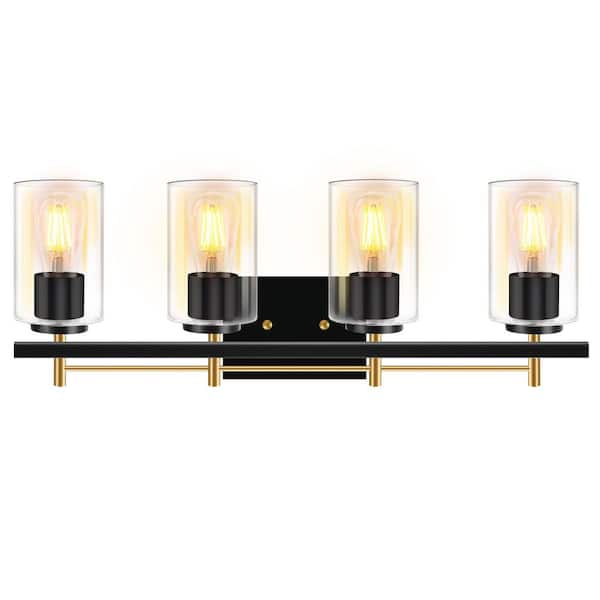 23.6 in. 4-Light Matte Black and Gold Modern Vanity Light with Clear Glass Shade
