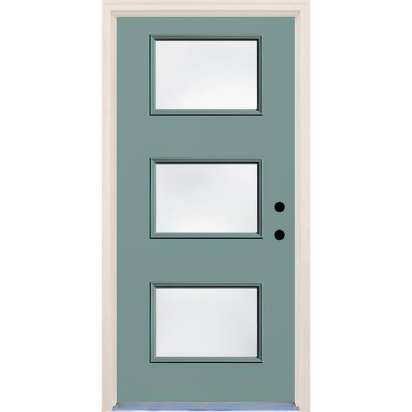Builders Choice 36 in. x 80 in. Surf Left-Hand 3 Lite Clear Glass Painted Fiberglass Prehung Front Door with Brickmould
