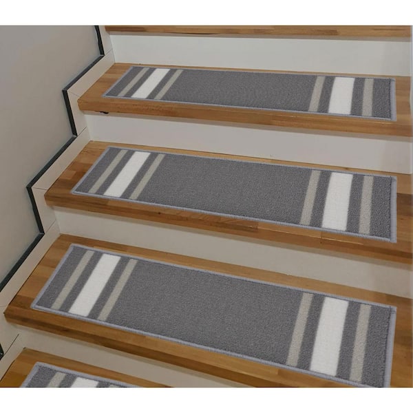 Solid Border Custom Size Gray 7 in. x 36 in. Indoor Carpet Stair Tread Cover Slip Resistant Backing (Set of 13)