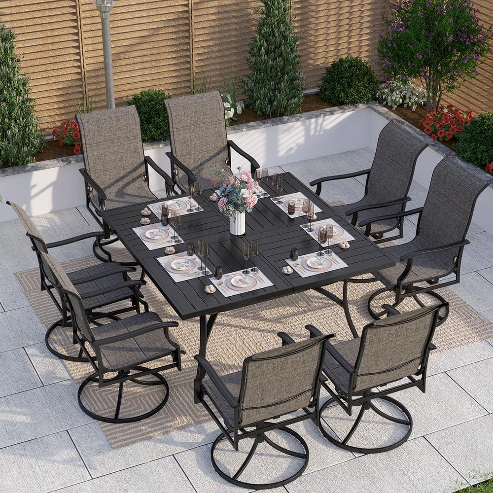 PHI VILLA Black 9-Piece Metal Outdoor Patio Dining Set with Slat Square ...