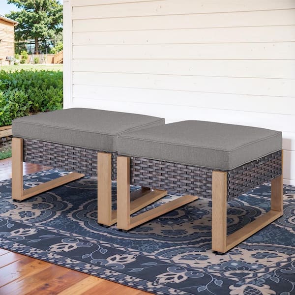 Opohoro MetalWood Metal and Brown Wicker Outdoor Ottoman with Olefin Gray Cushion (2-Pack)