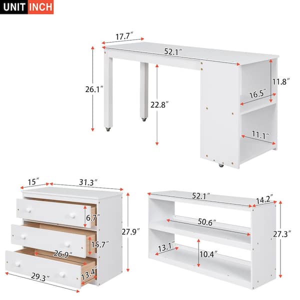 Low Study Full Loft Bed with Cabinet, Shelves and Rolling Portable Desk, Multiple Functions Bed-White