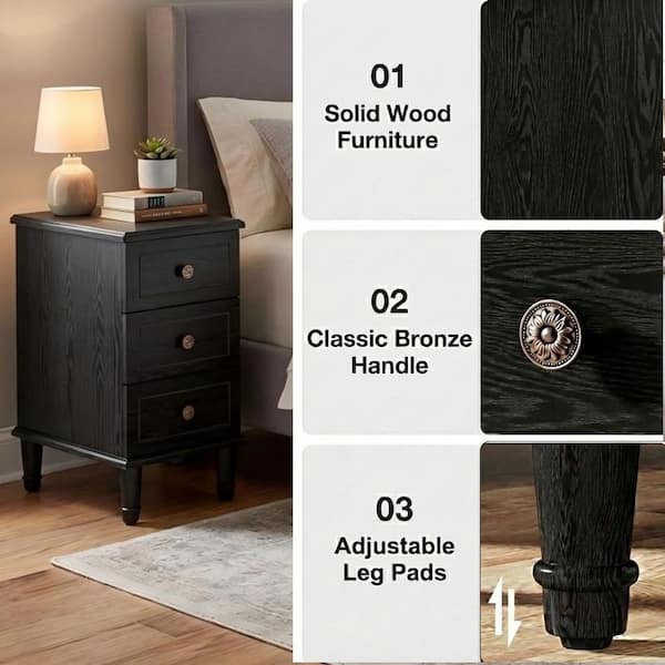 Fnova 25 in. H Solid Wood Black Rectangle End Table with 3 Drawers