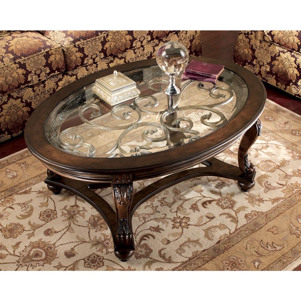 Brown Oval Wood and Glass Cocktail Table