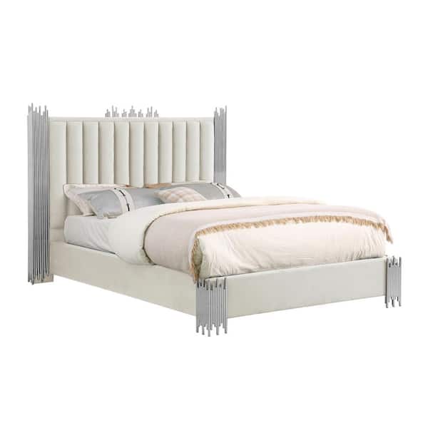 Best Quality Furniture Clarisse Beige/Cream Velvet Fabric Upholstered Wood Frame Eastern King Platform Bed With Stainless Steel Legs