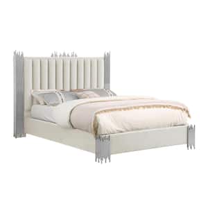 Clarisse Beige/Cream Velvet Fabric Upholstered Wood Frame Queen Platform Bed With Stainless Steel Legs