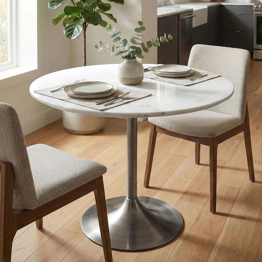 Osborne 36 in. Wide Genuine Marble/Iron Pedestal Dining Table in White/Antique Siver