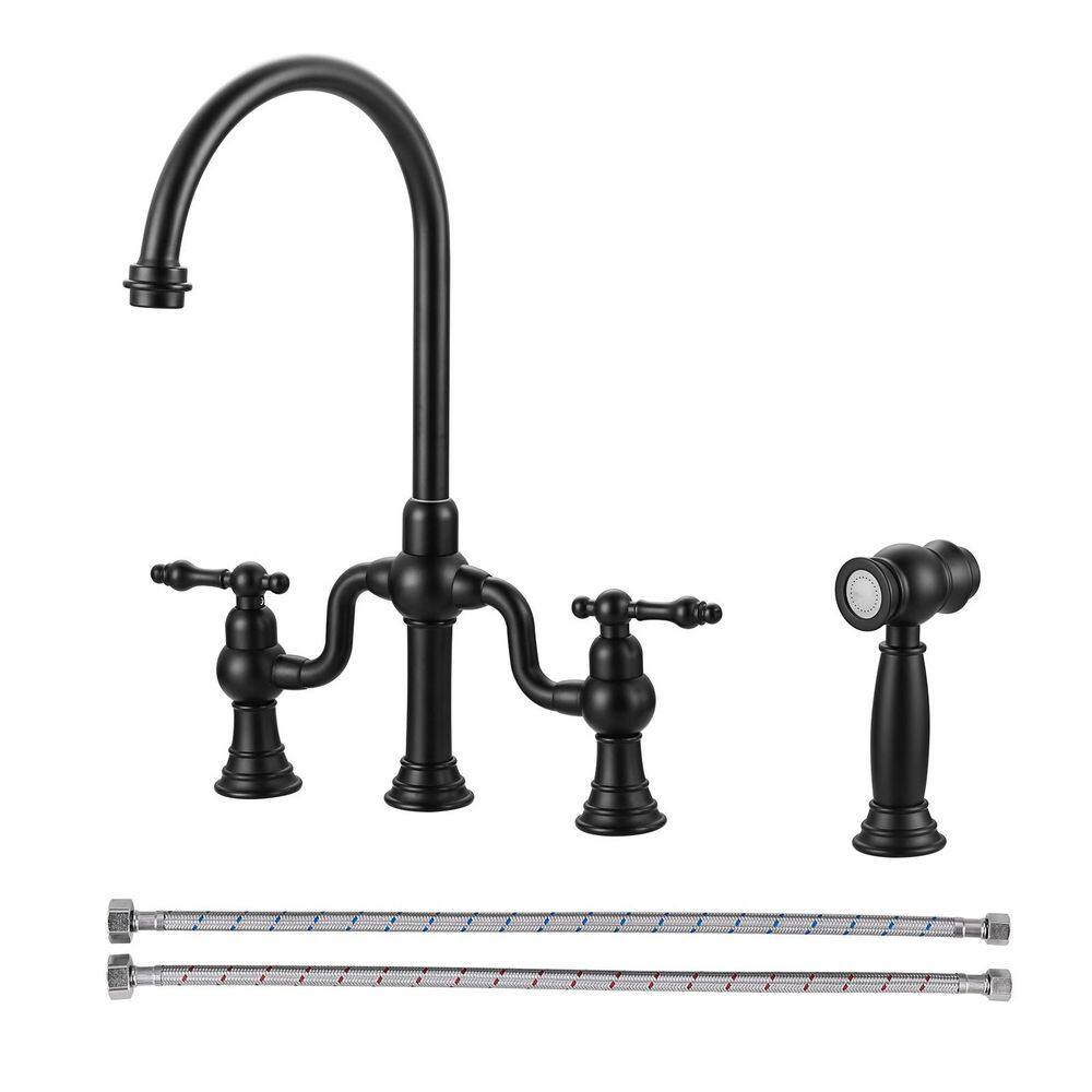 Double Handle High Arc Brass Bridge Kitchen Faucet with Side Sprayer in Matte Black