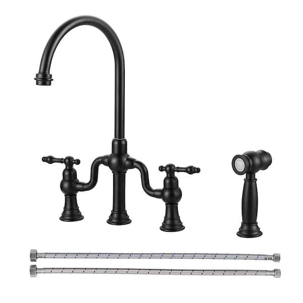 Double Handle High Arc Brass Bridge Kitchen Faucet with Side Sprayer in Matte Black