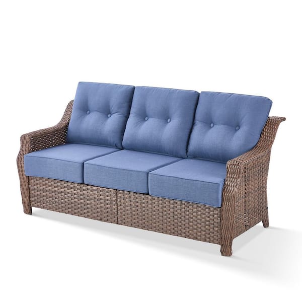 Round Side Series 3 Seat Wicker Outdoor Patio Sofa Couch with Deep Seating and Blue Cushions