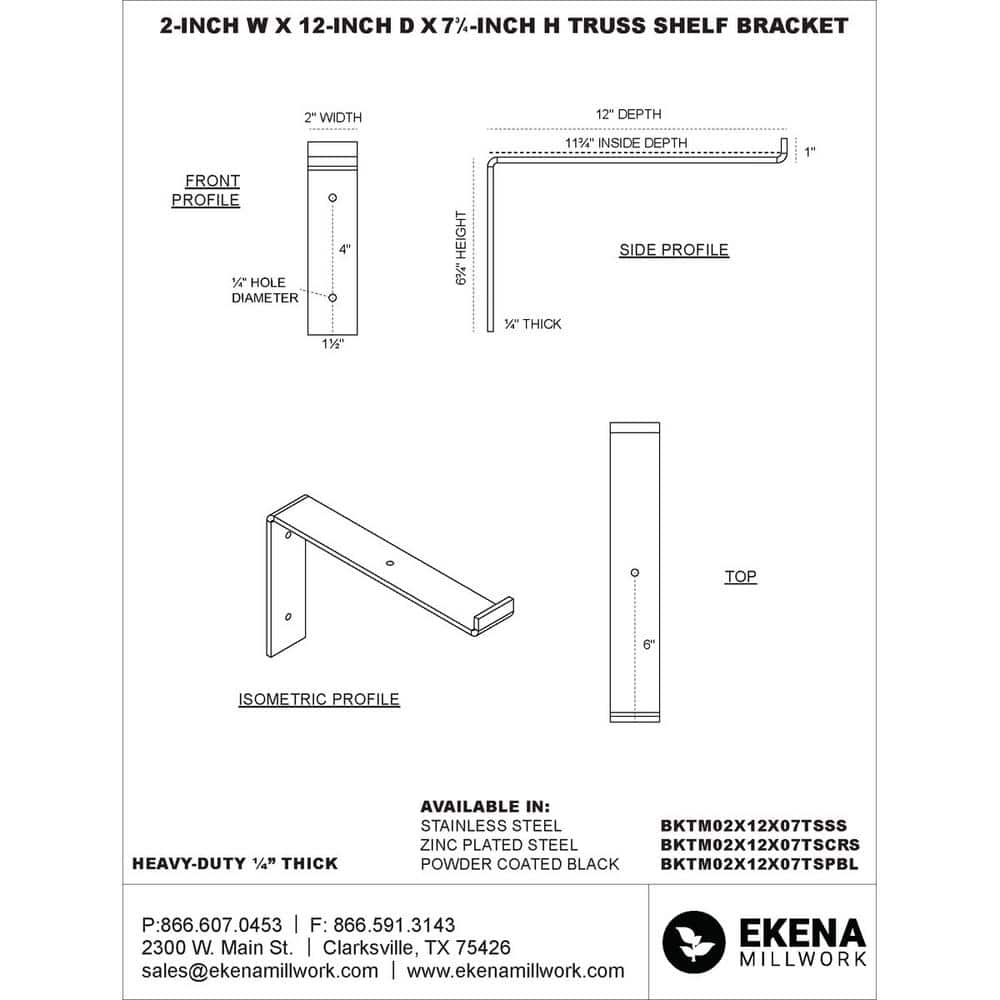 Unfinished Steel Truss Shelf Bracket 2"W x 12"D x 7.75"H
