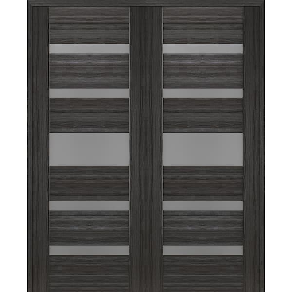 Belldinni Gina 64 in. x 84 in. Solid Core Both Active 5-Lite Frosted Glass Gray Oak Wood Composite Double Prehung Interior Door