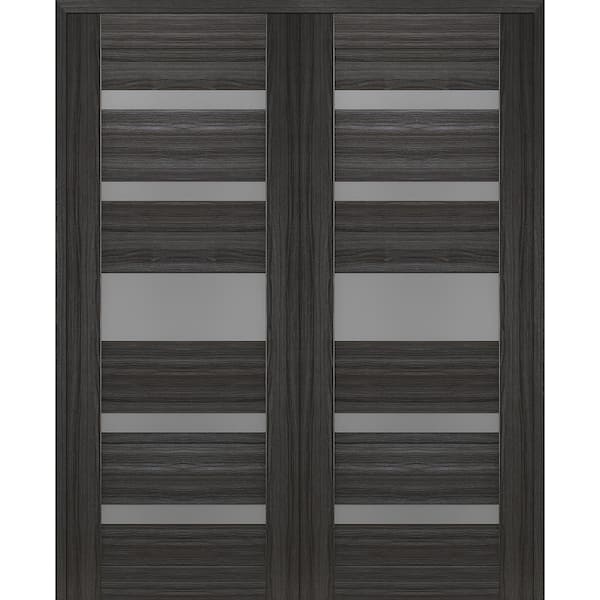Gina 48 in. x 80 in. Solid Core Both Active 5-Lite Frosted Glass Gray Oak Wood Composite Double Prehung Interior Door