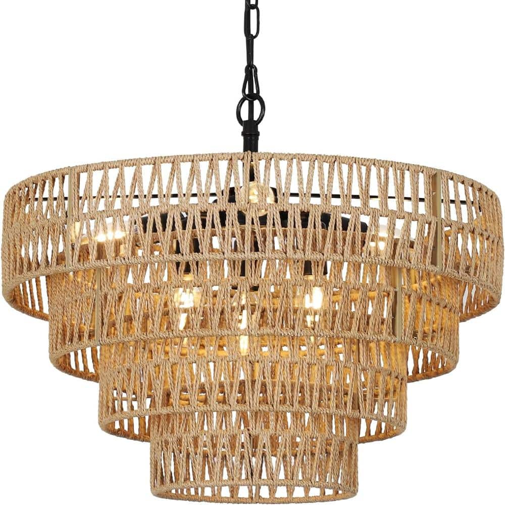 20 in.6-Light Brown 4-Tier Rattan Drum Chandelier Wicker Lampshade Adjustable Chain For Kitchen Island Living Bedroom price history on PriceWatchPro