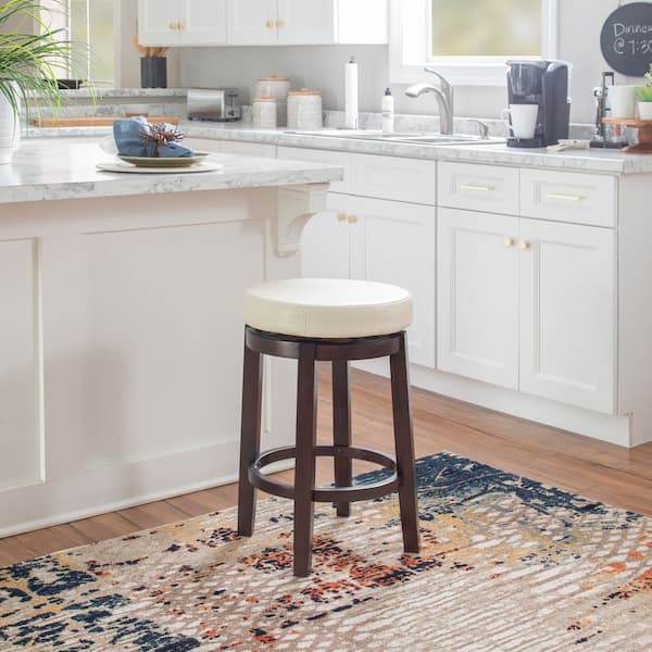 Maya Swivel 25.39 in. Beige/Brown Backless Wood Counter Stool with Faux Leather Seat