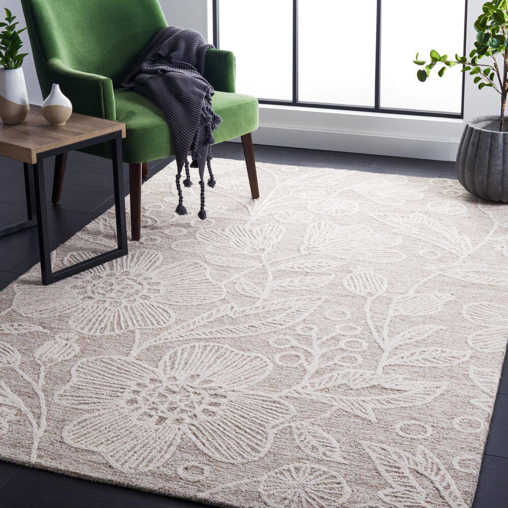 Natural Ivory Floral Hand-Tufted Wool Area Rug 5' x 8'