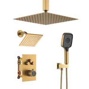 5-Spray 12 in. Thermostatic Dual Shower Heads Ceiling Mount Fixed and Handheld Shower Head 2.5 GPM in Brushed Gold