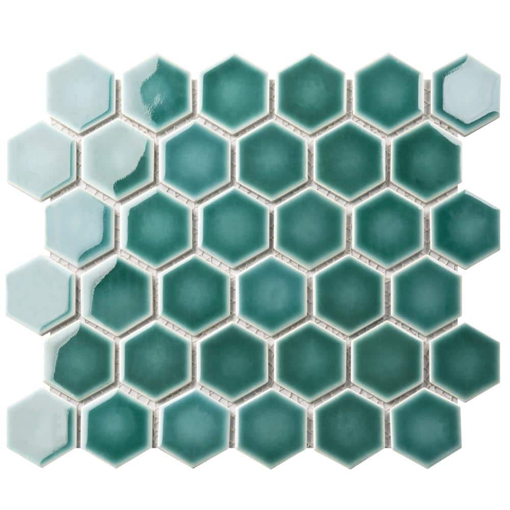 Merola Tile Hudson Due 2 in. Hex Emerald 6 in. x 6 in. Porcelain Mosaic ...