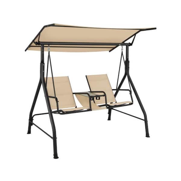 Kadehome 2-Person Black Metal Patio Swing Chair with Adjustable Canopy in Beige